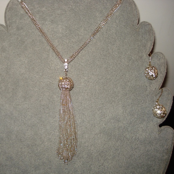 4 Strand Chain Rhinestone Chain Tassel Necklace n RS Hook Earrings  Bling Bling! - Picture 1 of 4